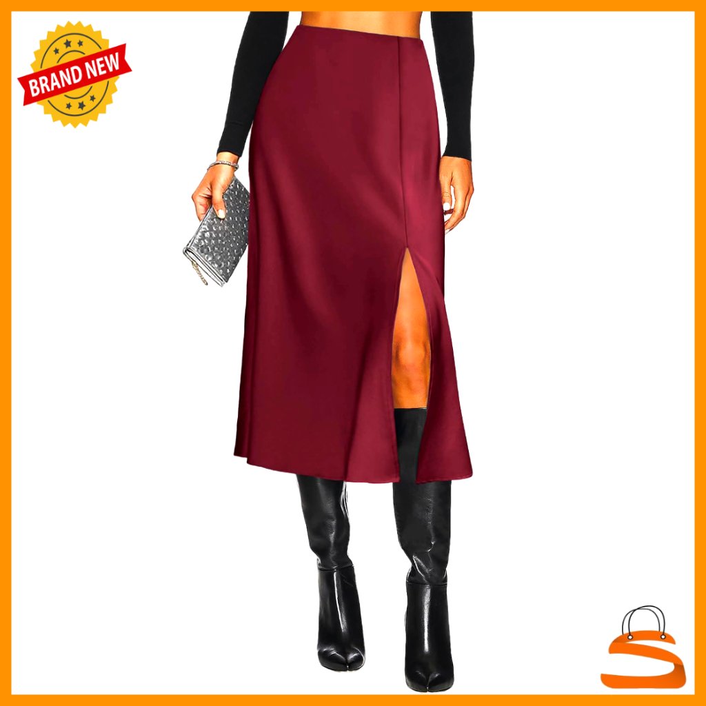 Satin Midi Skirt Side Slit High Waisted A-Line Elastic Waistband
